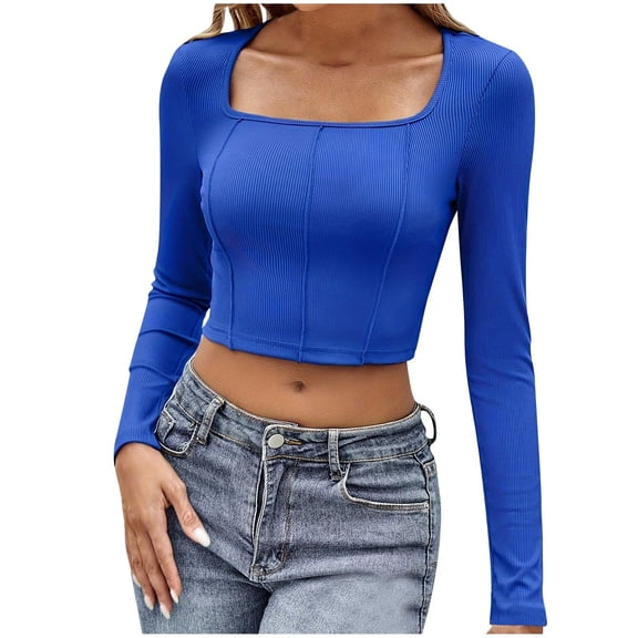 tarylea Crop Tops for Women Ribbed Knit Square Neck Shirts Long Sleeve Fitted Cute Shirt Going out Tops