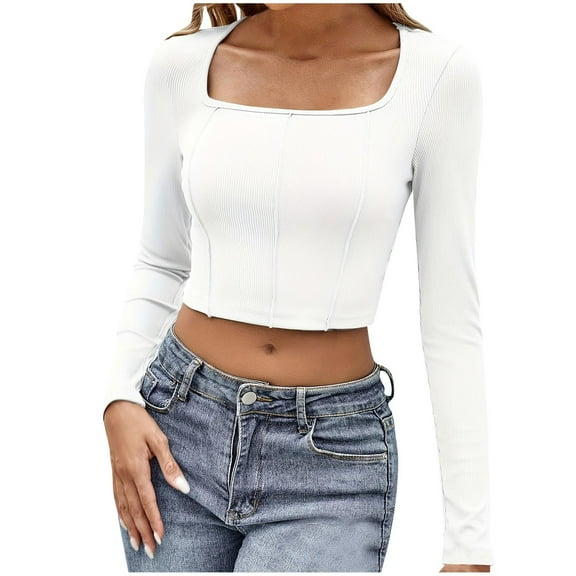 tarylea Crop Tops for Women Ribbed Knit Square Neck Shirts Long Sleeve Fitted Cute Shirt Going out Tops