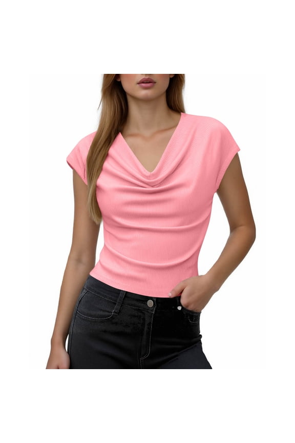 Cute Tops for Wome Ribbed Knit Cowl Neck Cap Short Sleeve Slim Fitting Casual Summer Blouses