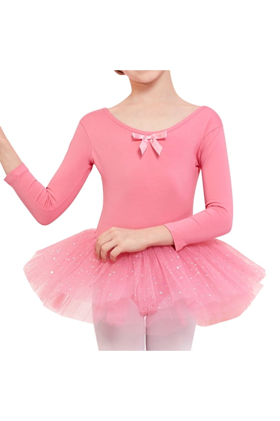 Dance Leotard for Girls Crew Neck Long Sleeve Outfit Slim Fitted Solid Color Dress for Ballerina Jumpsuits for 2-13 Years Girl