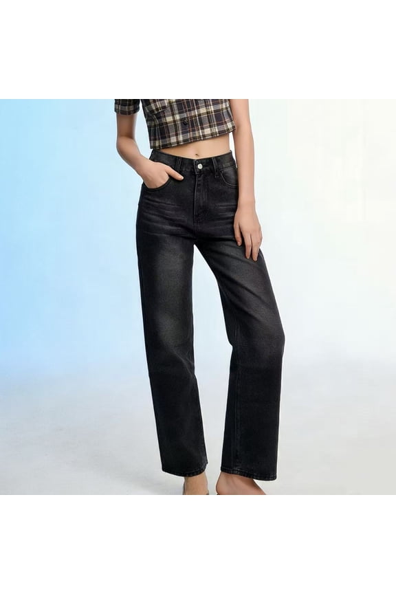 Denim Pants for Women Flat Front Straight Leg High Waist Jeans Pants Casual Loose Trendy Pants