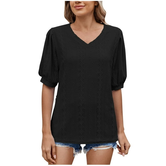 tarylea Dressy Casual Tops for Women Eyelet Puff Short Sleeve Shirts V Neck Loose Fitted Blouses Tunic Top