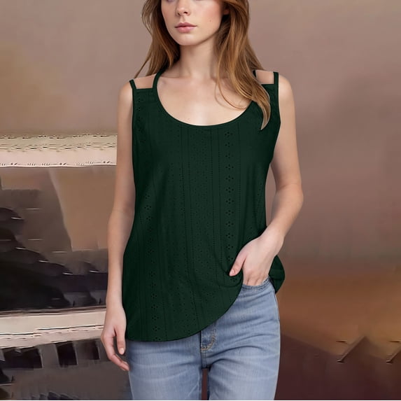 tarylea Eyelet Tank Tops for Women Sleeveless Round Neck Spaghetti Strap Tunic Camisole Casual Dressy Summer Blouse Tops