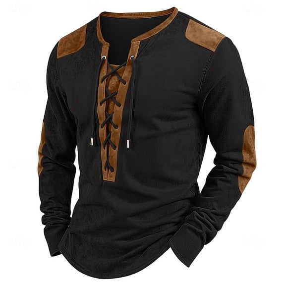 tarylea Fall Tops for Men Long Sleeve Notch Neck Tie Front Drawstring Color Blocked Blouse Casual Fall Comfy Tops