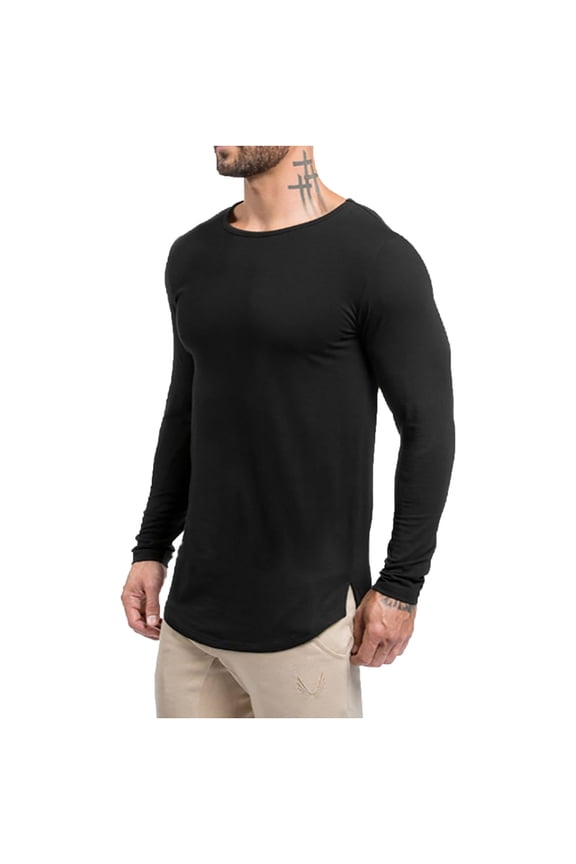 Fall Tops for Men Long Sleeve Scoop Neck Split Curved Hem Shirts Casual Comfy Lightweight Workout Tops