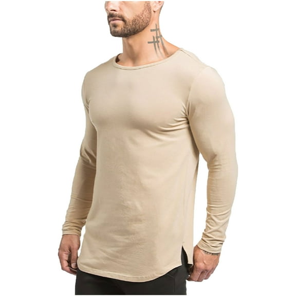 tarylea Fall Tops for Men Long Sleeve Scoop Neck Split Curved Hem Shirts Casual Comfy Lightweight Workout Tops