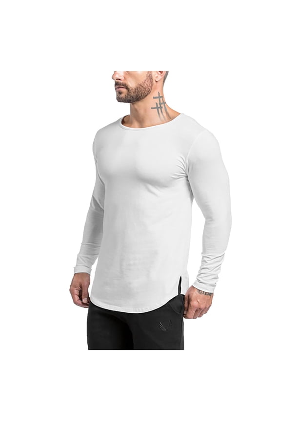 Fall Tops for Men Long Sleeve Scoop Neck Split Curved Hem Shirts Casual Comfy Lightweight Workout Tops
