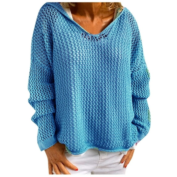 tarylea Fall Tops for Women 3/4 Sleeve Knitted Hoodie Solid Color Loose Pullover Casual Comfy Shirts Vacation Dailywear