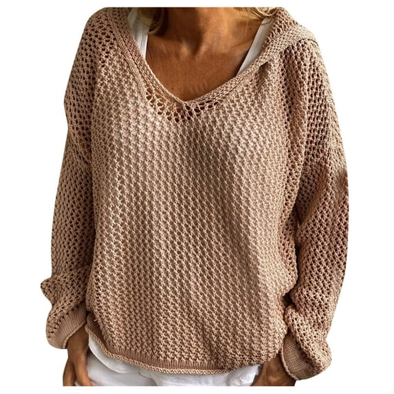 tarylea Fall Tops for Women 3/4 Sleeve Knitted Hoodie Solid Color Loose Pullover Casual Comfy Shirts Vacation Dailywear