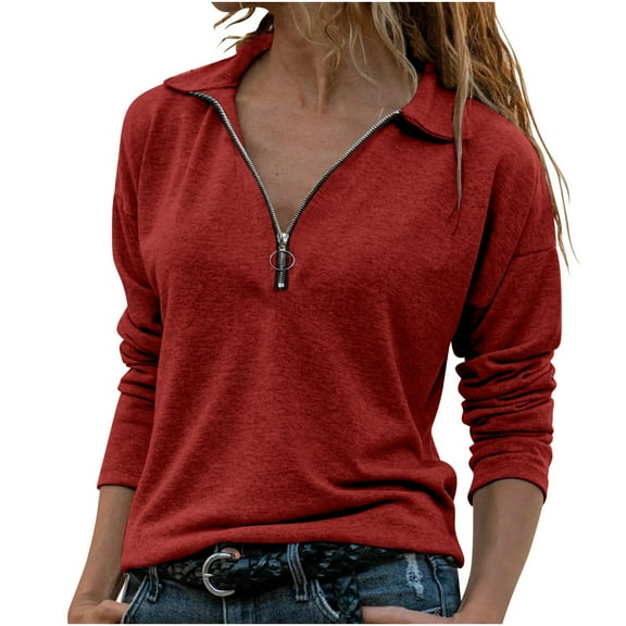 tarylea Fall Tops for Women Turn down Collar Half Zipper Sweatshirt Long Sleeve Solid Color Pullover Casual Athletic Tops