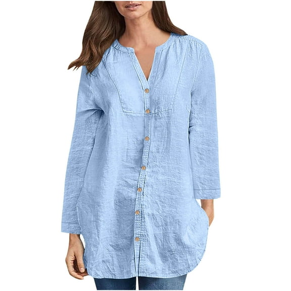 tarylea Fall Tops for Women V Neck Button down Shirts Cotton Linen Solid Color Tunic Long Sleeve Loose Shirts Casual Dailywear