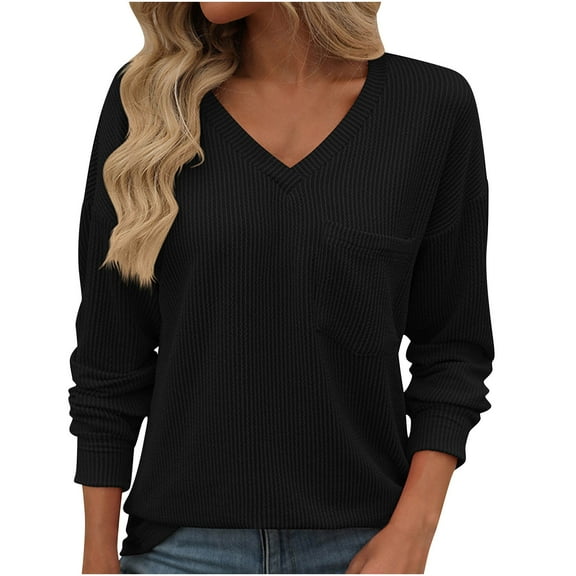 tarylea Fall Tops for Women V Neck Long Sleeve Tshirts Chest Pocket Loose Shirts Trendy Casual Dailywear