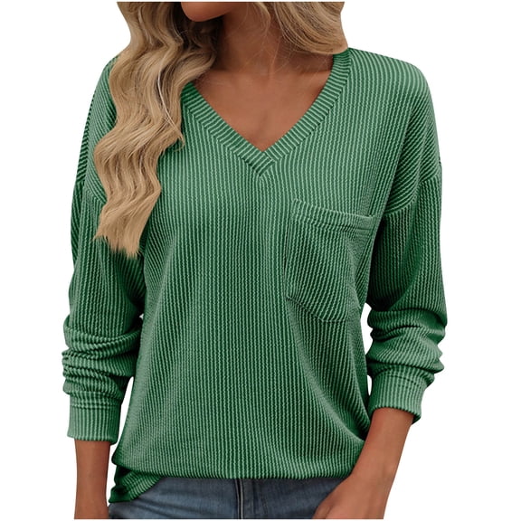 tarylea Fall Tops for Women V Neck Long Sleeve Tshirts Chest Pocket Loose Shirts Trendy Casual Dailywear