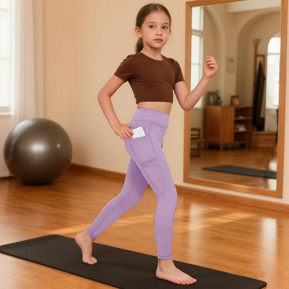 tarylea Girls Athletic Leggings Kids Running Yoga Pants High Rise Slim Fitted Ankle Length Pants Casual Workout Leggings with Pockets
