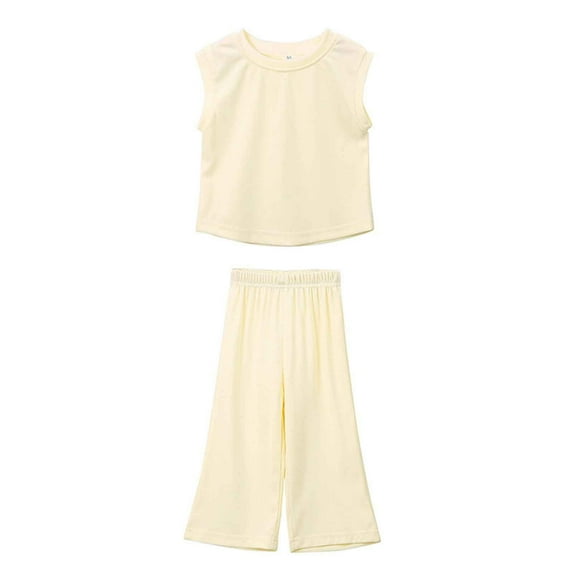 tarylea Girls Clothes 2 Piece Set Crew Neck Tank Top Elastic Waist Flare Pants Solid Color Loose Summer Casual Comfy Outfits
