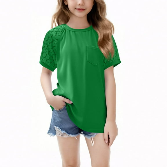 tarylea Girls Tops Crochet Short Sleeve Shirts Round Neck T Shirts Loose Fitted Summer Blouses