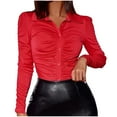thumbnail image 1 of tarylea Going Out Tops for Women Button down Lapel Shirts Long Sleeve Solid Color Pleated Tops Slim Fitted Casual Cute Dressy Tops, 1 of 7