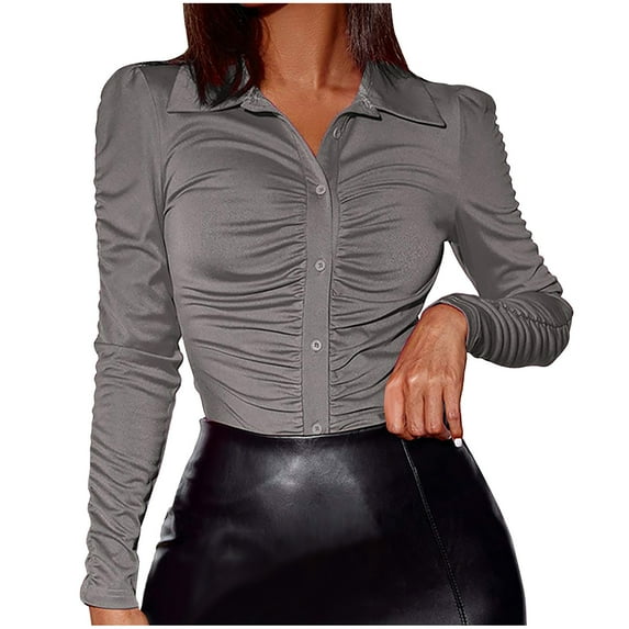 tarylea Going Out Tops for Women Button down Lapel Shirts Long Sleeve Solid Color Pleated Tops Slim Fitted Casual Cute Dressy Tops