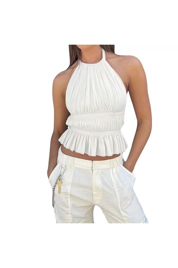 Going Out Tops for Women Crop Sleeveless Blouses Ruffled Hem Ruched Front Halter Neck Lightweight Summer Cute Shirt