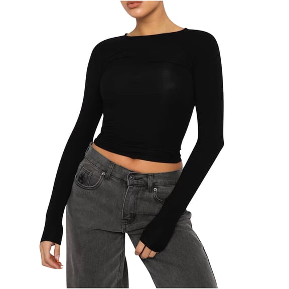 tarylea Going out Tops for Women Crew Neck Slim Fitted Crop Tops Long Sleeve Solid Color Tees Casual Trendy Cute Stretch Tops