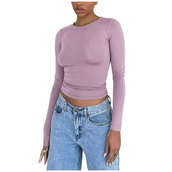 tarylea Going out Tops for Women Crew Neck Slim Fitted Crop Tops Long Sleeve Solid Color Tees Casual Trendy Cute Stretch Tops