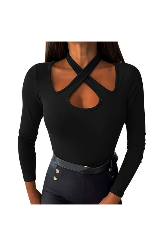 Going out Tops for Women Cross Front Bandage Ribbed Tops Long Sleeve Slim Fitted Shirts Casual Cute Tops