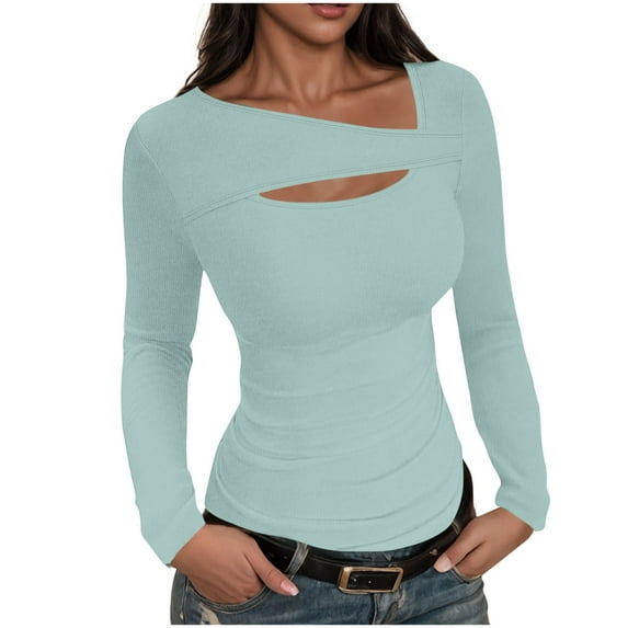 tarylea Going out Tops for Women Cutout Irregular Neck Long Sleeve Camisole Solid Color Slim Fitted Ribbed Tops Casual Trendy Fall Tops