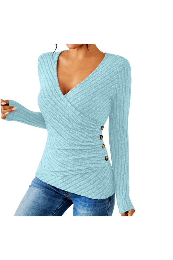Going out Tops for Women Deep V Neck Cross Front Tops Waist Button Slim Fitted Knitted Sweater Tops Solid Color Casual Cute Fall Tunic