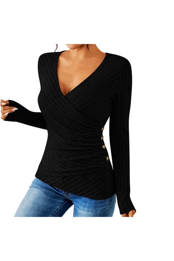 Going out Tops for Women Deep V Neck Cross Front Tops Waist Button Slim Fitted Knitted Sweater Tops Solid Color Casual Cute Fall Tunic