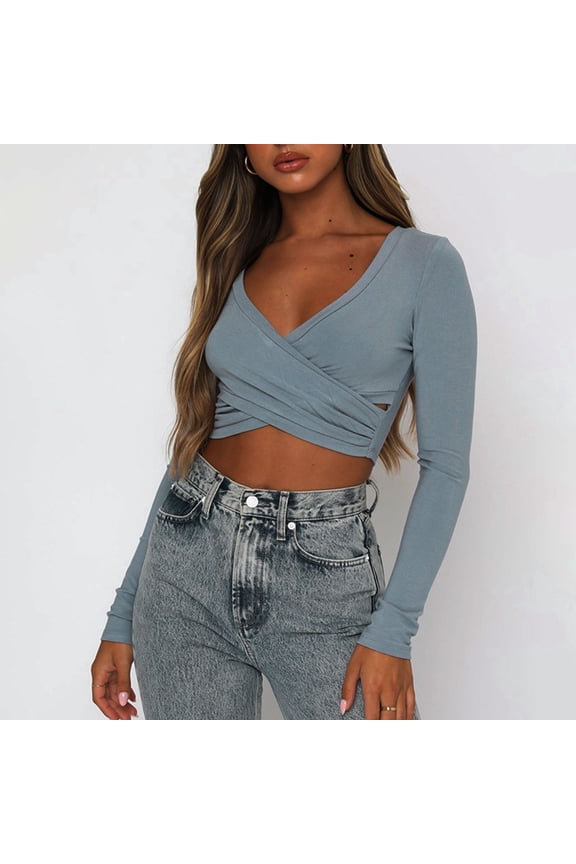 Going out Tops for Women Deep V Neck Long Sleeve Cross Front Crop Tops Slim Fitted Blouse Casual Cute Tops