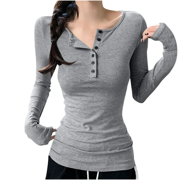 tarylea Going out Tops for Women Long Sleeve Shirt Round Neck Neckline Button up Shirts Slim Fitted Casual Dailywear