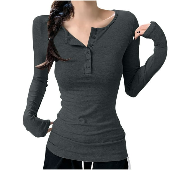 tarylea Going out Tops for Women Long Sleeve Shirt Round Neck Neckline Button up Shirts Slim Fitted Casual Dailywear