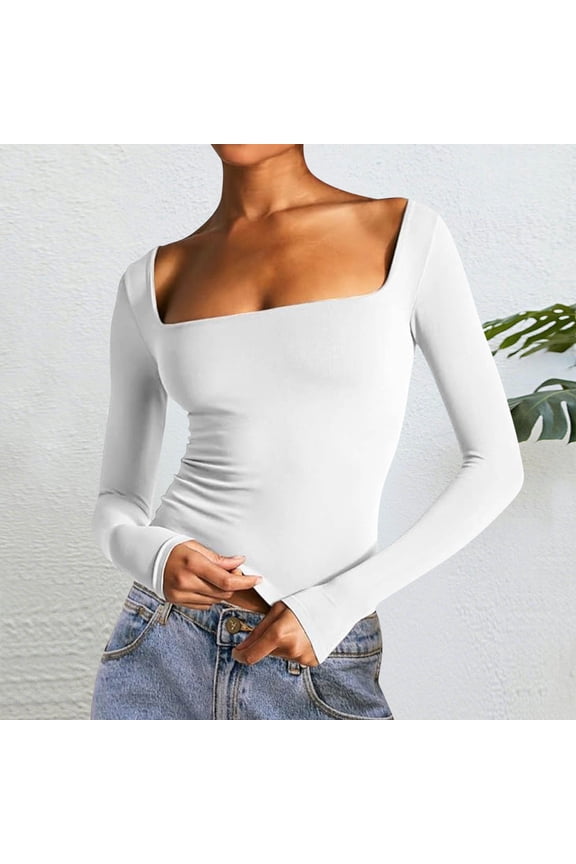 Going out Tops for Women Long Sleeve Square Neck Shirts Slim Fitted Stretch Tops Casual Comfy Fall Cute Tops
