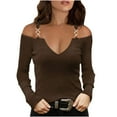 thumbnail image 1 of tarylea Going out Tops for Women Mental Buckle Strap off Shoulder Tops Deep V Neck Long Sleeve Blouse Fitted Cute Tops, 1 of 5
