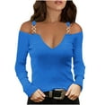 thumbnail image 1 of tarylea Going out Tops for Women Mental Buckle Strap off Shoulder Tops Deep V Neck Long Sleeve Blouse Fitted Cute Tops, 1 of 5