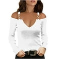 thumbnail image 1 of tarylea Going out Tops for Women Mental Buckle Strap off Shoulder Tops Deep V Neck Long Sleeve Blouse Fitted Cute Tops, 1 of 4