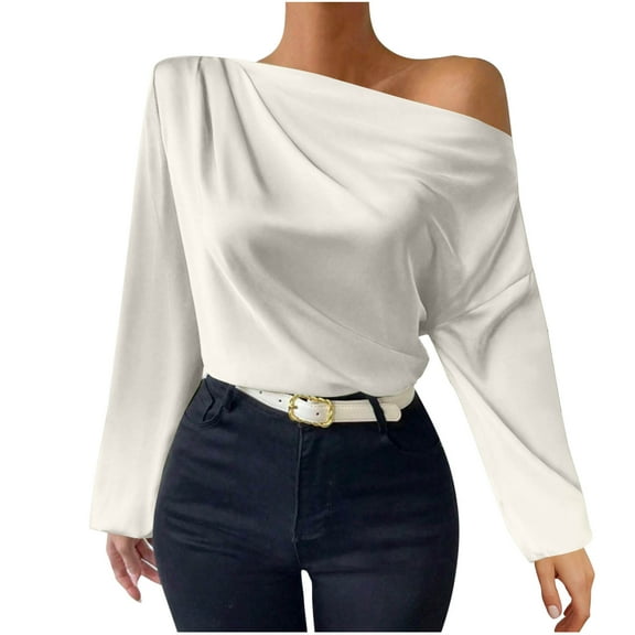 tarylea Going out Tops for Women Satin One Shoulder Long Sleeve Tops Solid Color Fitted Shirts Casual Dressy Trendy Cute Tops
