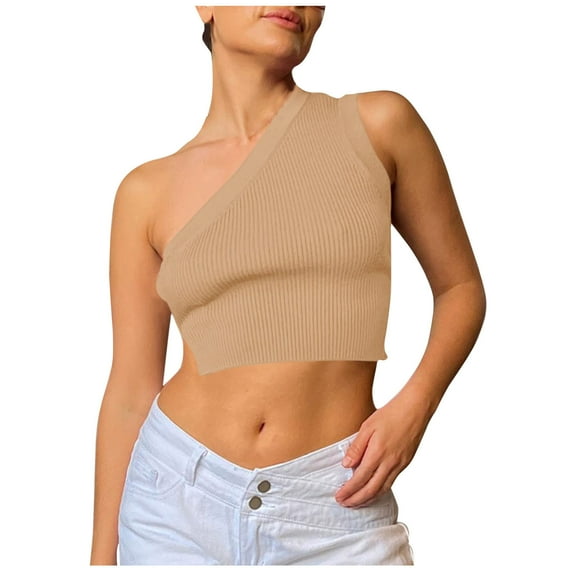 tarylea Going out Tops for Women One Shoulder Open Back Crop Tops Solid Color Knitted Blouse Casual Fitted Summer Cute Tops