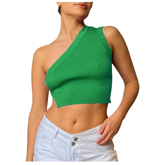 tarylea Going out Tops for Women One Shoulder Open Back Crop Tops Solid Color Knitted Blouse Casual Fitted Summer Cute Tops