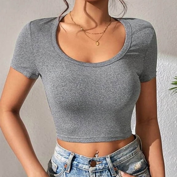 tarylea Going out Tops for Women Short Sleeve Crew Neck Slim Fitted Crop Tops Casual Summer Stretch Cute Tee Tops