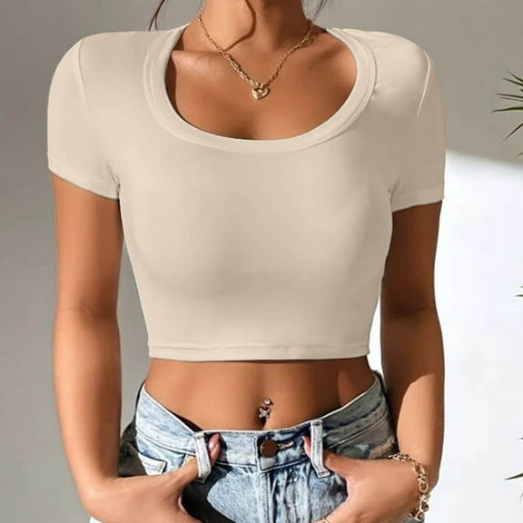 tarylea Going out Tops for Women Short Sleeve Crew Neck Slim Fitted Crop Tops Casual Summer Stretch Cute Tee Tops
