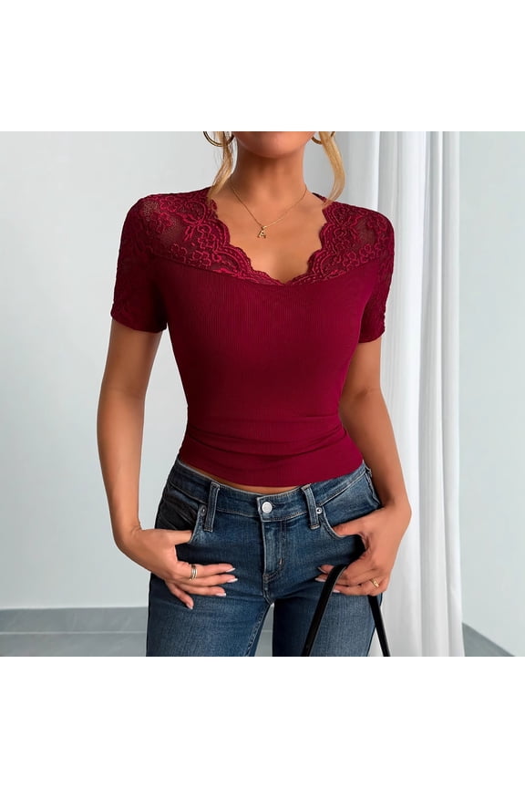 Going out Tops for Women Short Sleeve V Neck Lace Blocked Slim Fitted Crop Tops Casual Comfy Cute Summer Tops