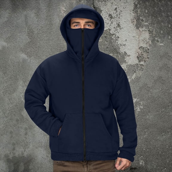 tarylea Hoodies for Men Long Sleeve Full Zipper Jackets with Mask Casual Loose Fall Warm Solid Color Tops with Pockets