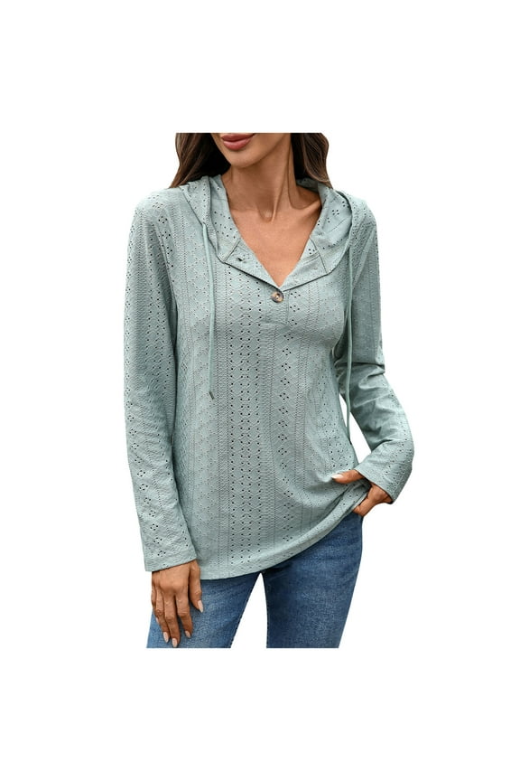 Hoodies for Women Eyelet Chest Button Pullover Long Sleeve Solid Color Shirts Loose Tops Fall Casual Wear