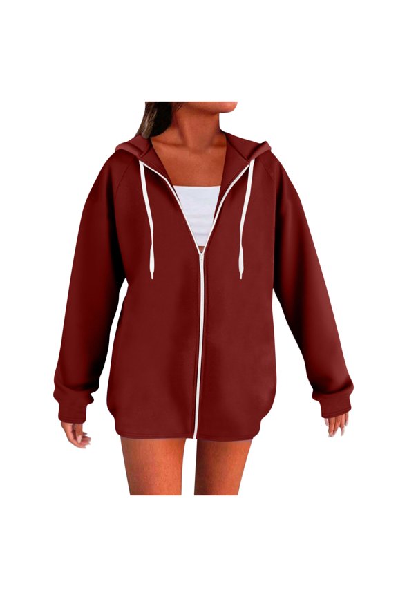 Hoodies for Women Full Zipper Drawstring Jackets Long Sleeve Cinch Cuff Solid Color Sweatshirts Casual Loose Fall Workout Tops
