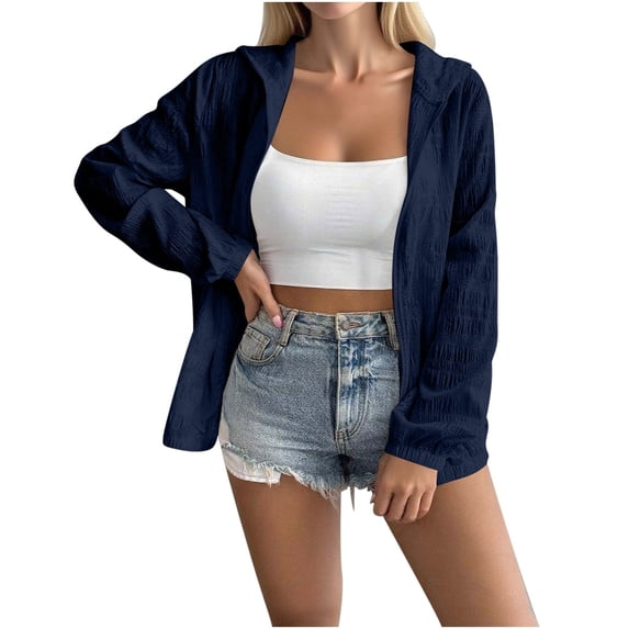 tarylea Hoodies for Women Full Zipper Long Sleeve Elastic Cuff Jackets Solid Color Lightweight Sunproof Tops Casual Loose Outwear Tops