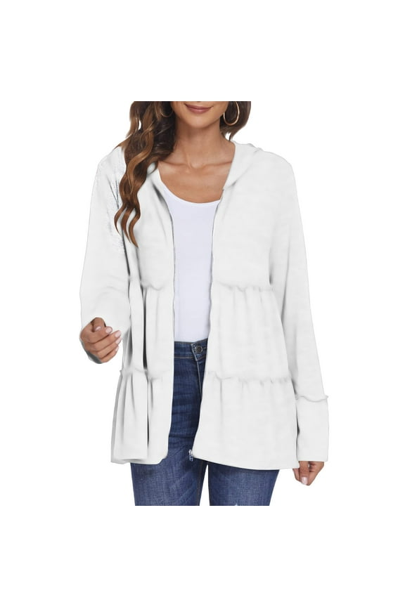 Hoodies for Women Full Zipper Ruffled Jackets Solid Color Long Sleeve Tops Casual Loose Dressy Fall Comfy Shirts