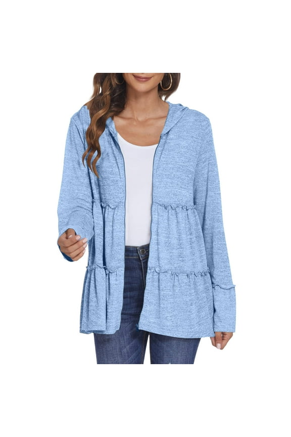 Hoodies for Women Full Zipper Ruffled Jackets Solid Color Long Sleeve Tops Casual Loose Dressy Fall Comfy Shirts