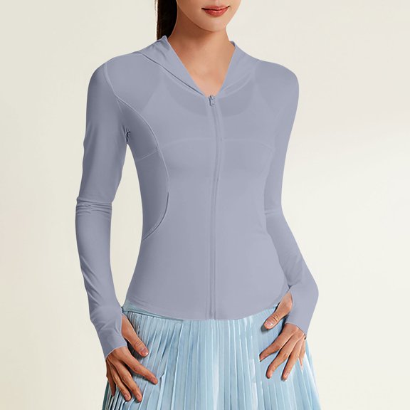 tarylea Hoodies for Women Full Zipper Slim Fitted Crop Tops with Thumb Holes Solid Color Jackets with Pockets Casual Sunproof Stretch Tops