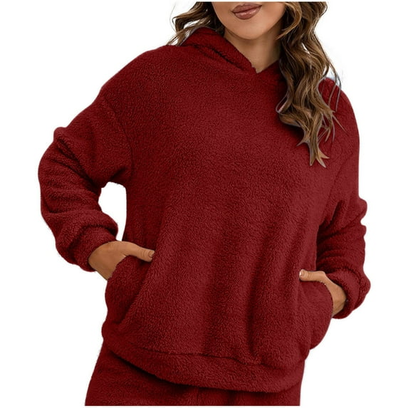 tarylea Hoodies for Women Plush Sweatshirt Solid Color Long Sleeve Pullover with Pocket Casual Loose Winter Warm Sleepwear Homewear Tops